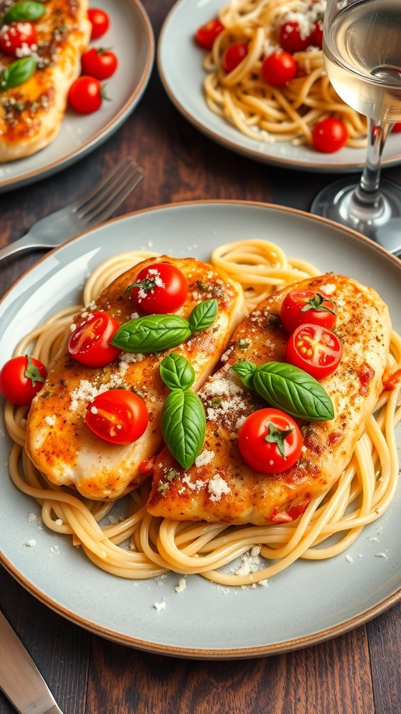 Tomato basil chicken with cherry tomatoes and basil, garnished with Parmesan cheese, served with pasta.